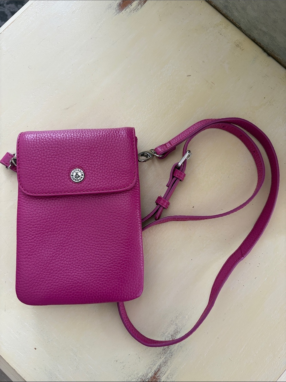 Osprey London The Madison Hot Pink Fuchsia pebbled leather Crossbody Phone Bag
